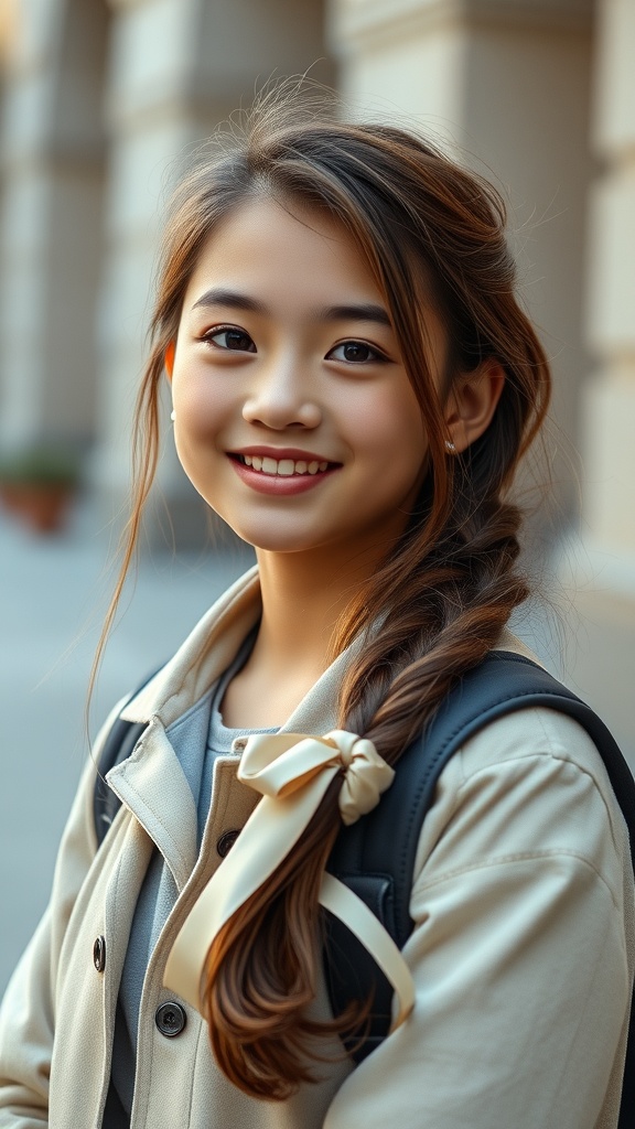 A girl with a side braid adorned with a ribbon, smiling and wearing a casual jacket.