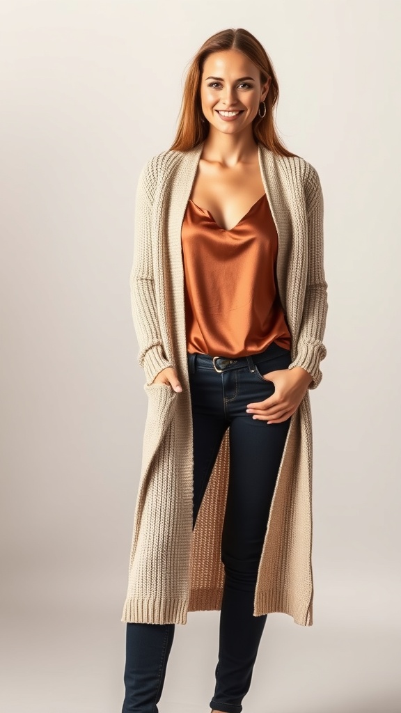 A woman wearing a silk cami, long cardigan, and skinny jeans, smiling confidently.