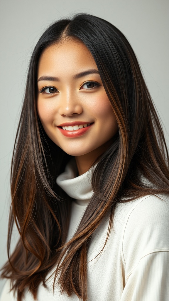 A woman with silky brunette hair featuring caramel ribbons, smiling softly.
