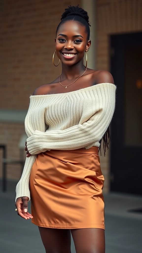 A woman smiling in a silky satin mini skirt and an off-shoulder knit top.