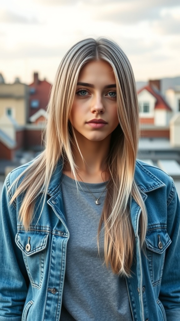 A woman with silver ombre straight hair, wearing a denim jacket, showcasing a modern glam hairstyle.
