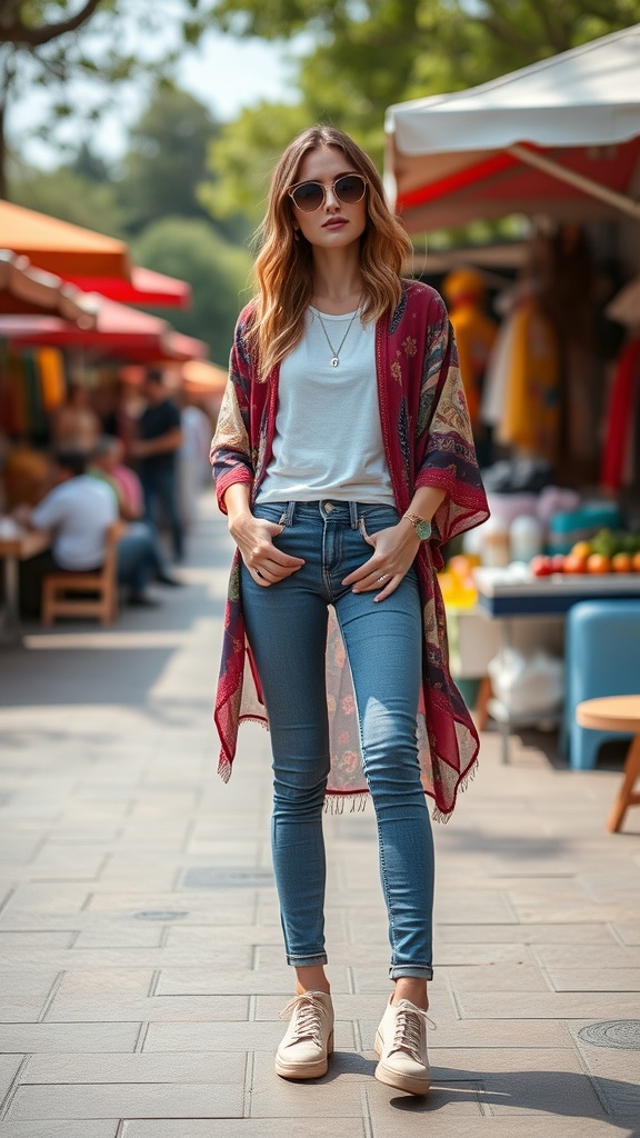 A woman wearing skinny jeans and a lightweight kimono, styled for summer.
