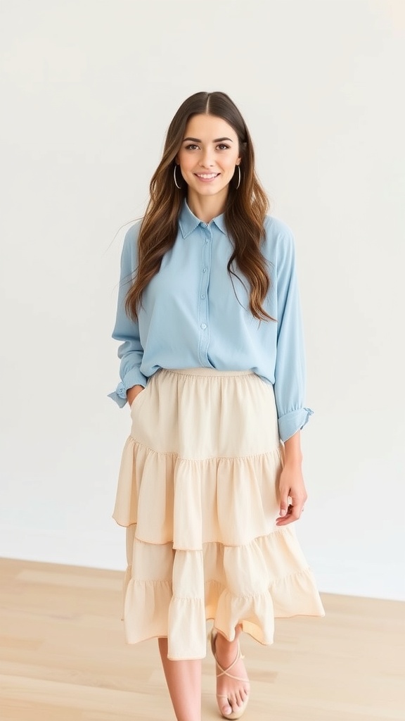 A woman wearing a sky blue long sleeve blouse with a tiered midi skirt, smiling at the camera.