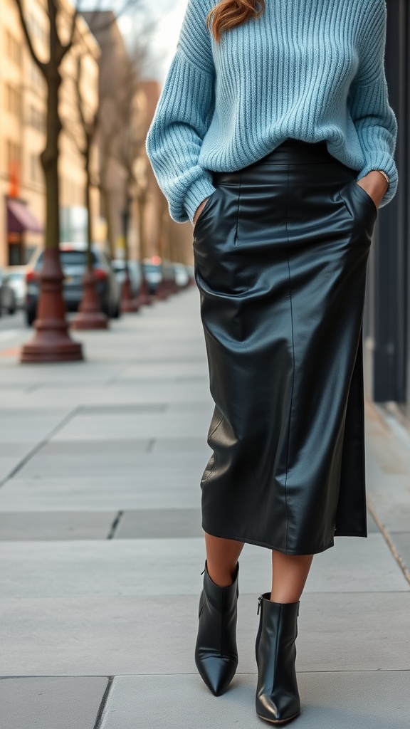 A woman walking down the street wearing a sky blue sweater and a black leather skirt.