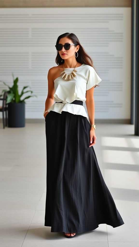 A woman wearing a structured one-shoulder top and a flowing black maxi skirt, accessorized with sunglasses and a statement necklace.