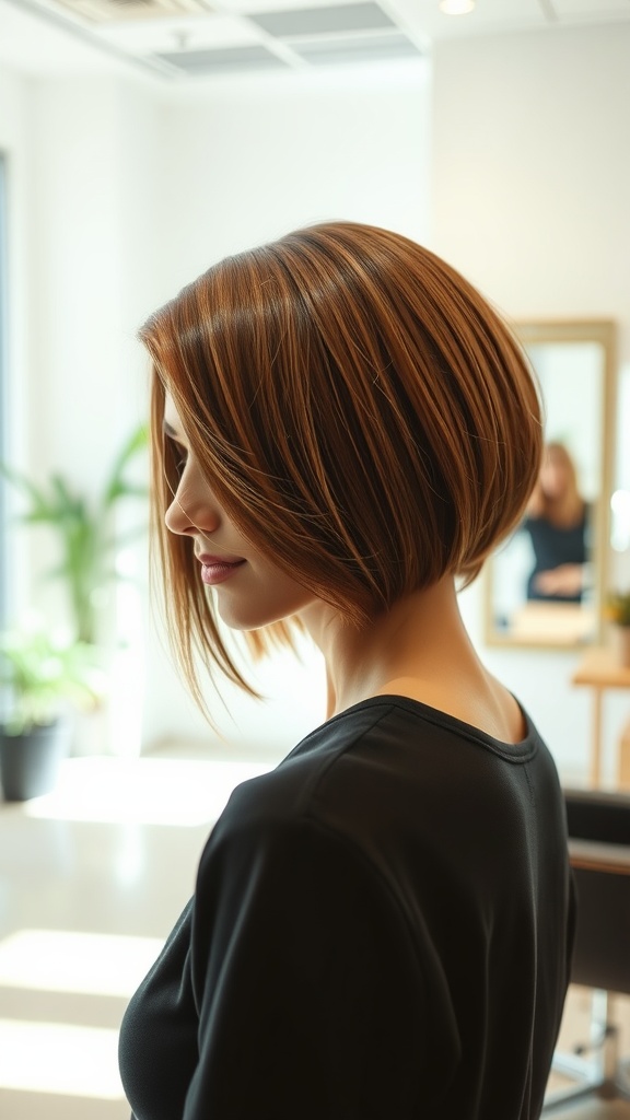 A woman with sleek, shiny bob hairstyle in a salon setting.