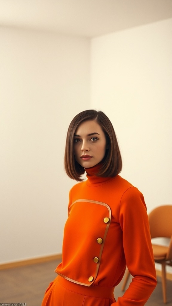 A model with sleek, straight hair wearing a vibrant orange outfit, embodying 60s hairstyles.
