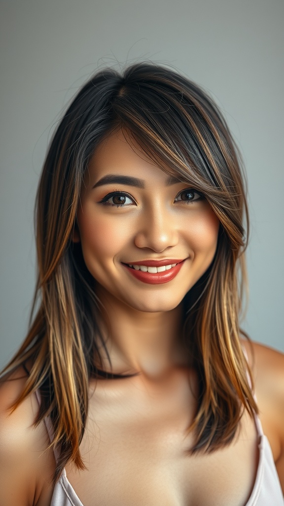 A woman with medium brown hair styled in a sleek angled lob with sandy highlights, smiling at the camera.