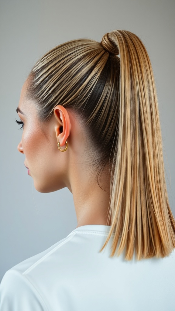 A sleek blonde ponytail with a glossy finish, showcasing smooth hair and a polished look.