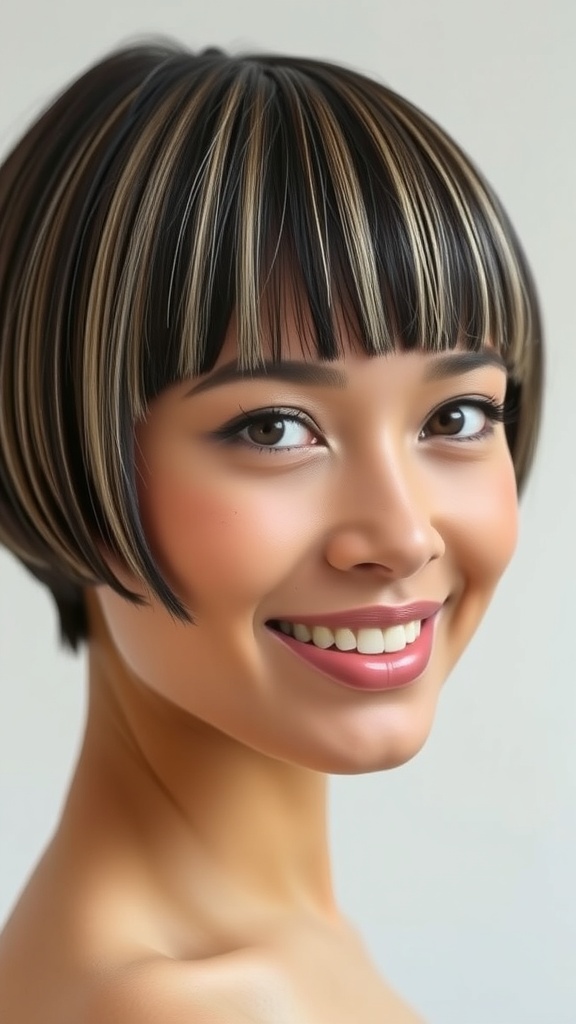 A woman with a sleek bowl cut featuring subtle blonde highlights, smiling and showcasing her stylish haircut.