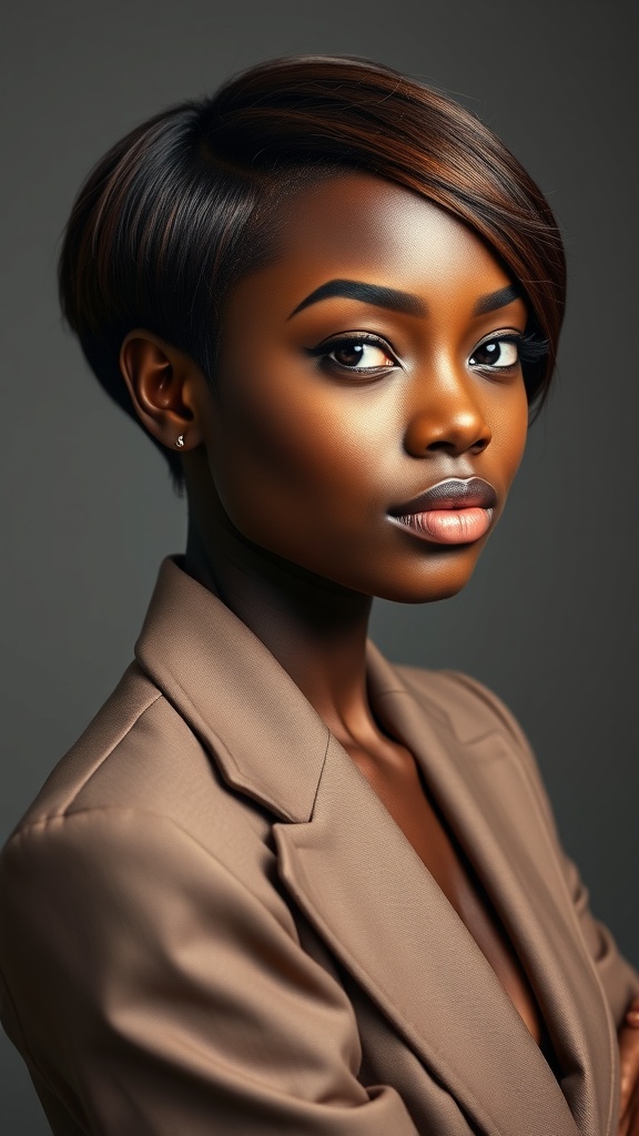 A woman with a sleek brown pixie cut and side part, wearing a stylish blazer.
