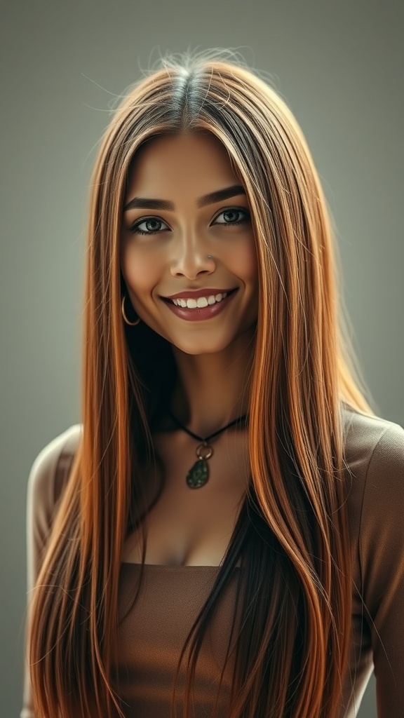 A woman with sleek cinnamon straight hair, smiling confidently.