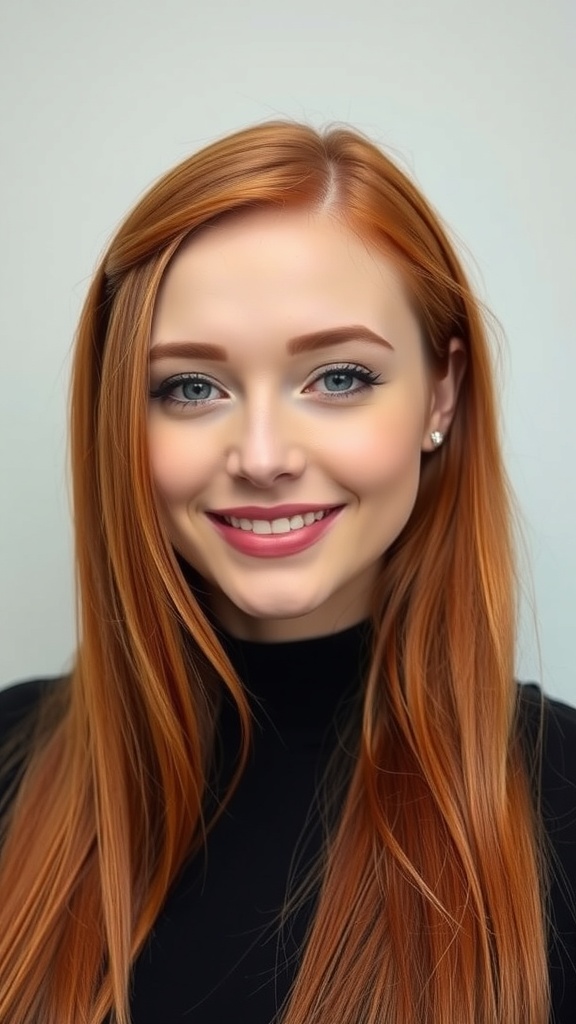 A woman with sleek copper red hair styled in a side part, smiling against a neutral background.