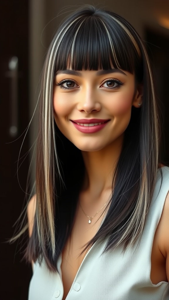 A woman with sleek dark hair featuring blonde highlights, styled in a lob with bangs.