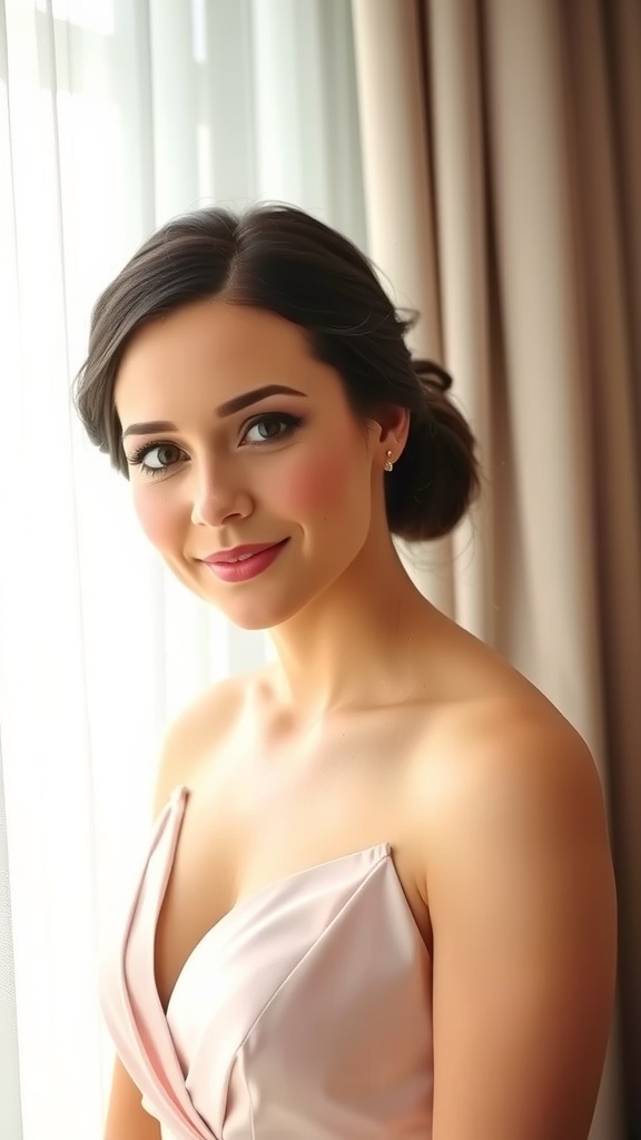 A bridesmaid with a sleek low bun and center part, wearing a pink dress and smiling.