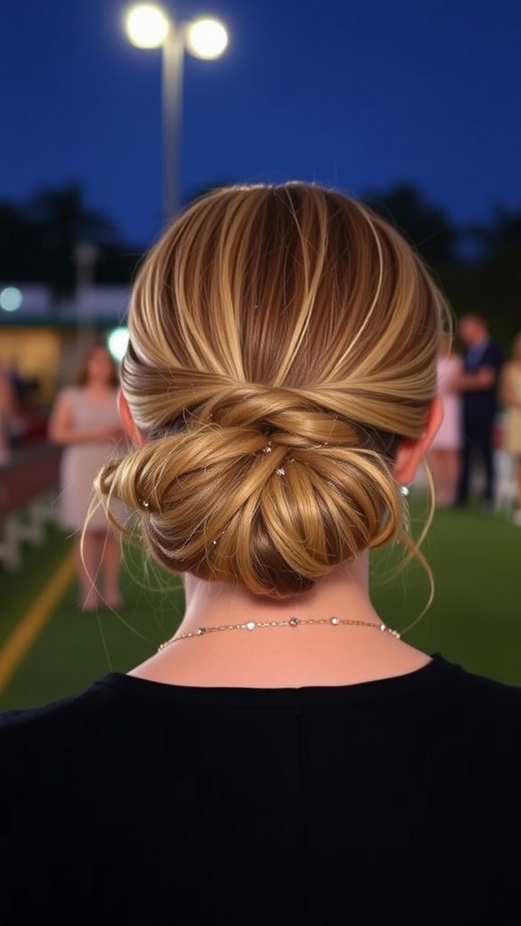 A sleek low bun hairstyle with glitter, perfect for homecoming night.