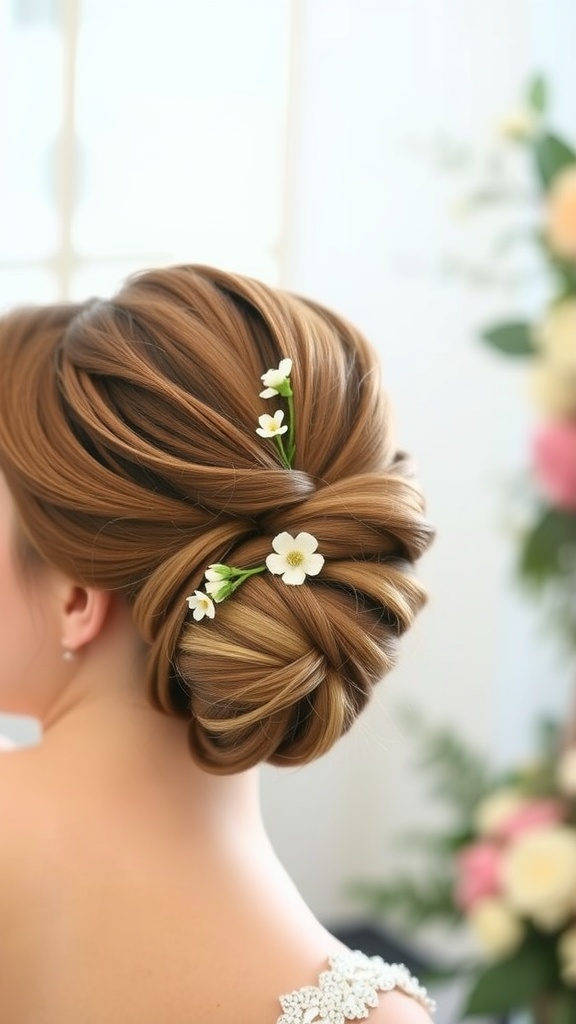 A sleek low bun hairstyle with twists and white flowers, ideal for wedding guests.