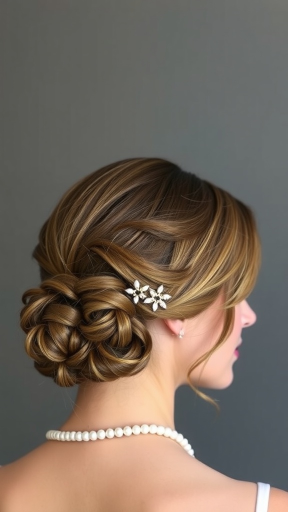 A sleek low chignon hairstyle styled elegantly with a pearl necklace.