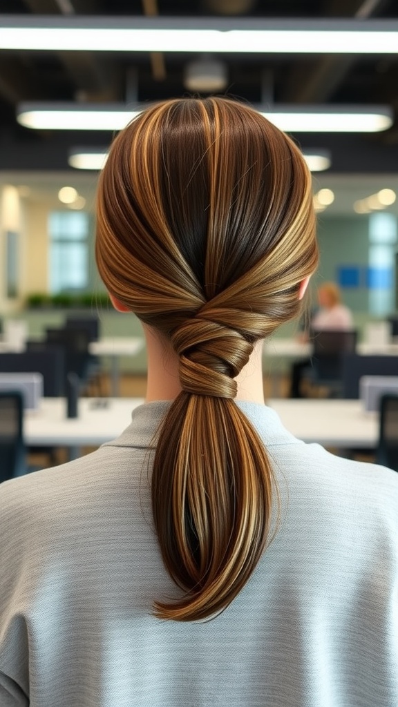 A sleek low ponytail with a twist, showcasing a modern hairstyle in a professional setting.