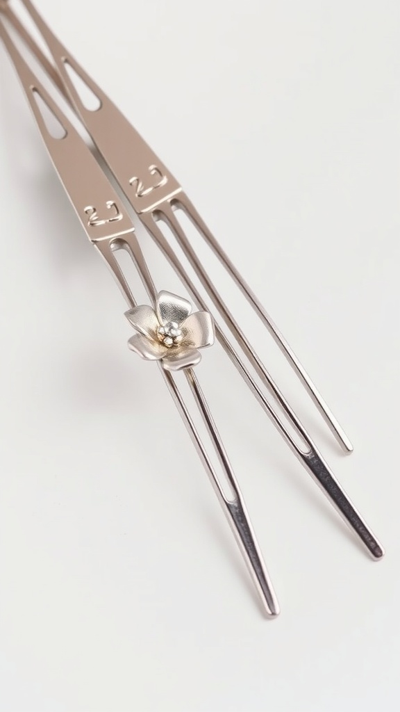 A collection of sleek metal hairpins arranged neatly.
