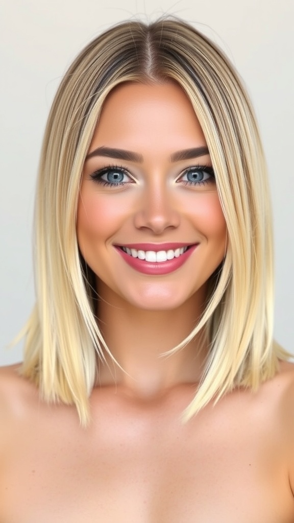 A woman with sleek mid-length blonde hair with brown highlights, styled in a center part, smiling at the camera.