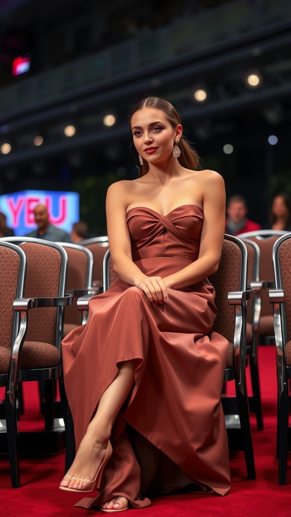 A model in a sleek midi dress sitting on red carpet chairs at a movie premiere.