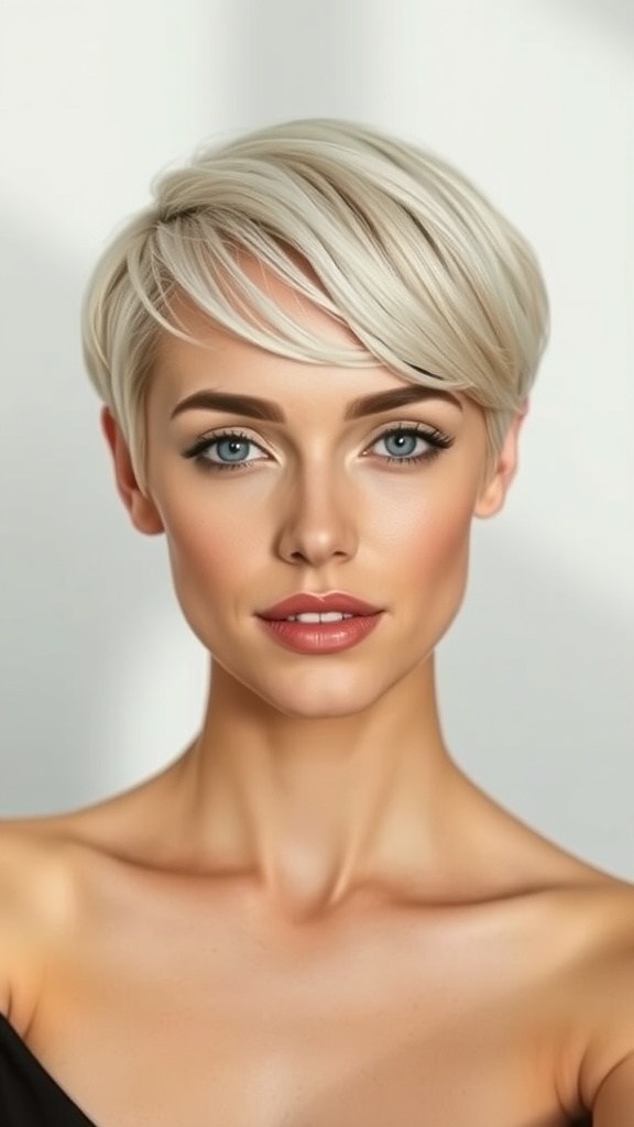 A woman with a sleek pixie haircut, showcasing a polished look with straight short hair.