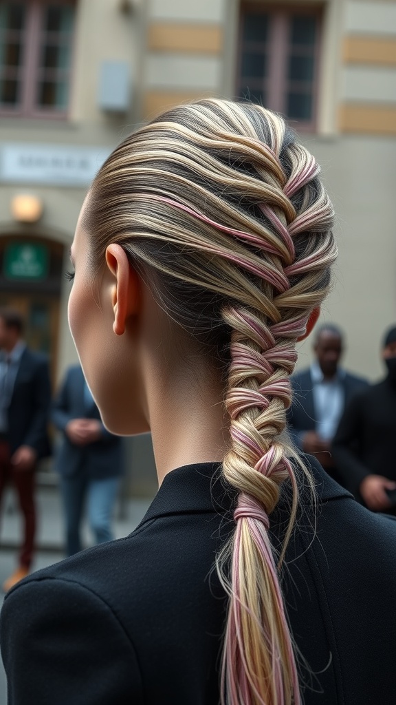 A sleek ponytail featuring mixed pink and blonde hair, styled with a wrap at the base.