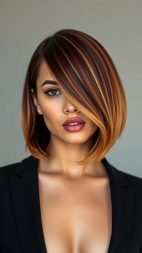 A woman with a sleek red blonde bob hairstyle featuring a glossy finish.