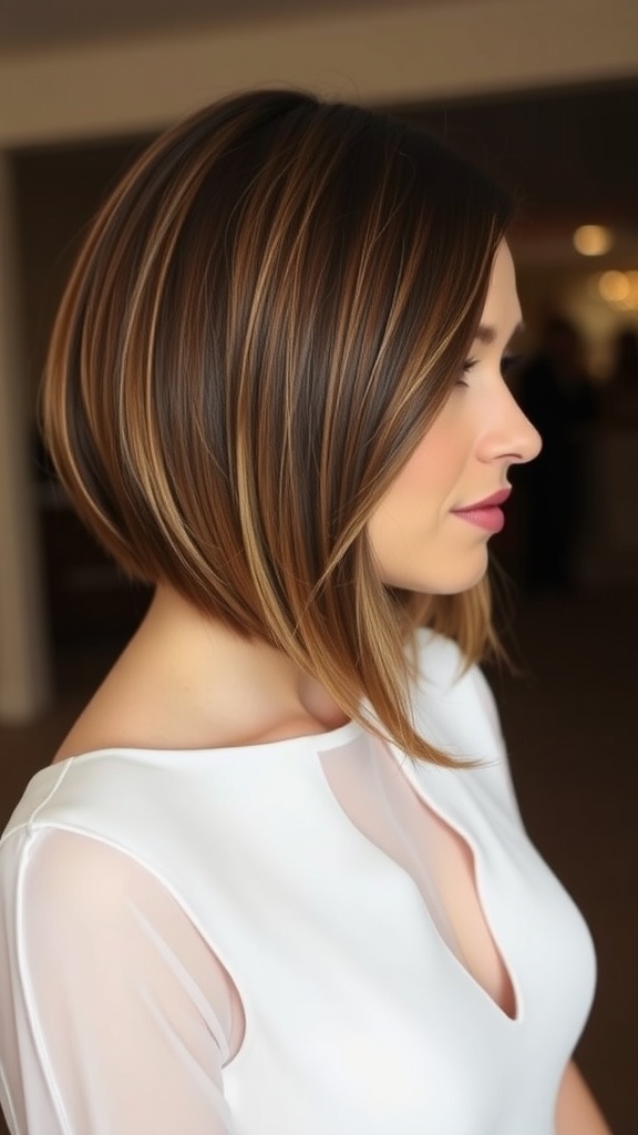 A sleek side-parted lob hairstyle, showcasing smooth hair that falls just above the shoulders.