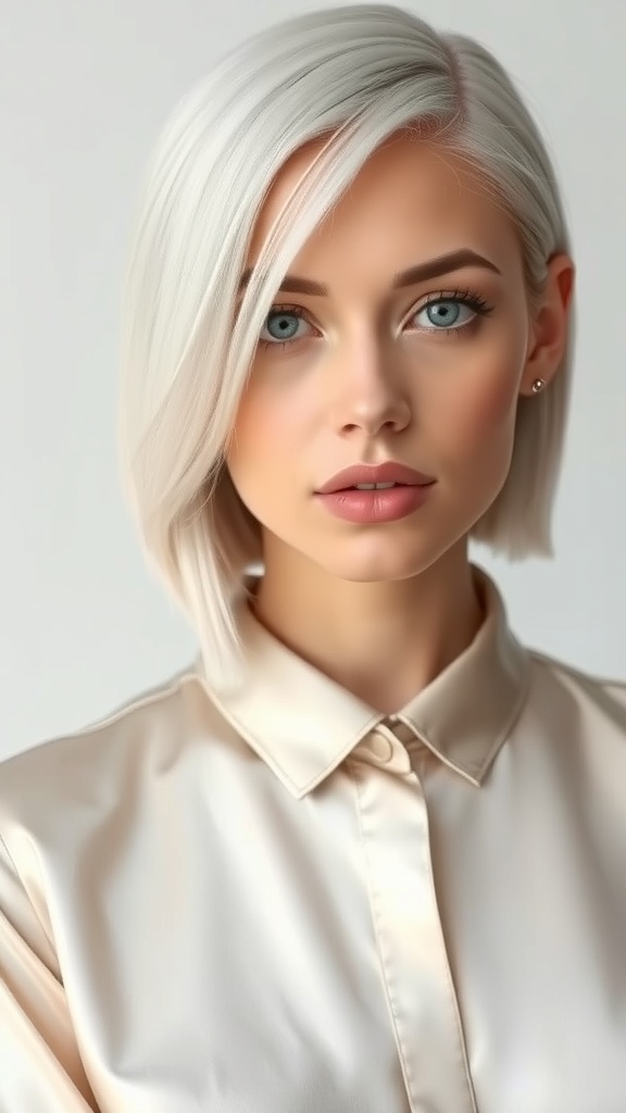 A sleek silver bob hairstyle on a woman, showcasing icy blonde hair and modern glam.