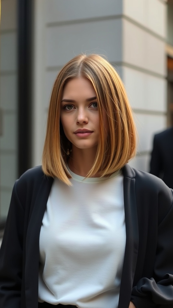 A woman with sleek straight caramel blonde lob hairstyle, looking stylish and modern.