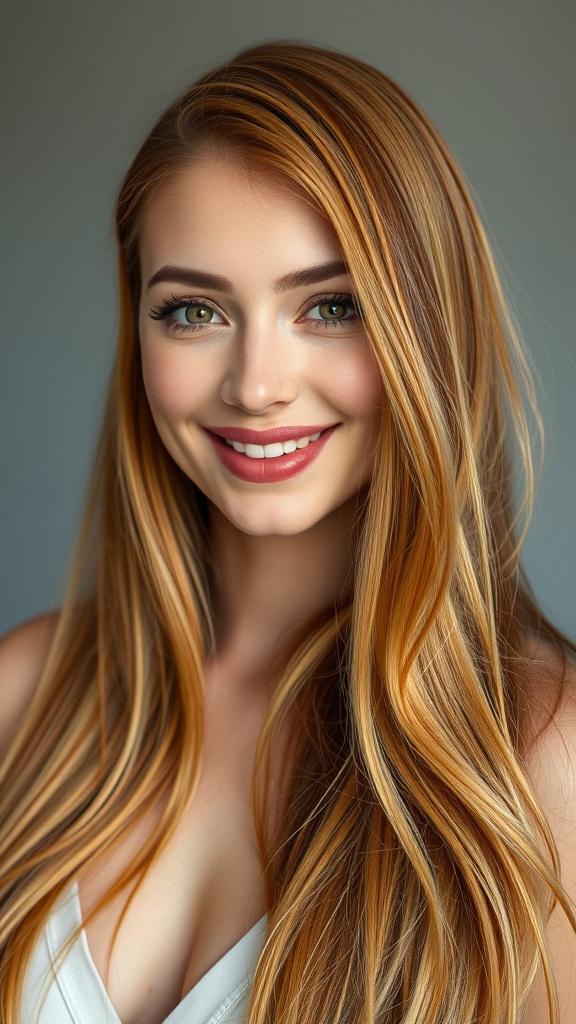 A woman with sleek straight copper hair featuring blonde highlights, smiling at the camera.