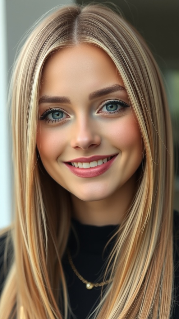A woman with sleek straight blonde hair featuring brown highlights, smiling at the camera.