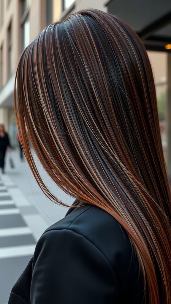 A woman with sleek straight light chocolate brown hair, showcasing a glossy finish.