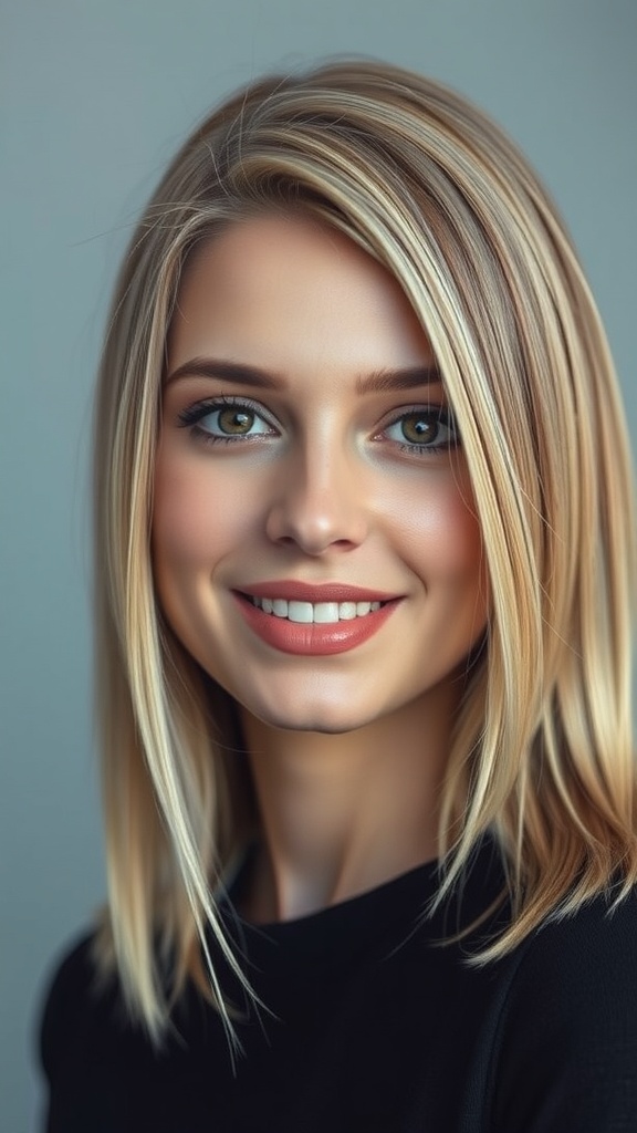 A woman with sleek straight lob hairstyle featuring blonde hair with cool lowlights, smiling at the camera.