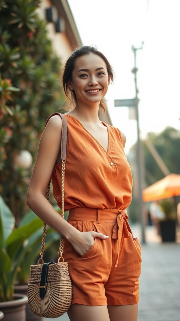 A woman smiling while wearing an orange sleeveless blouse and paperbag shorts, holding a small bag, with greenery in the background.