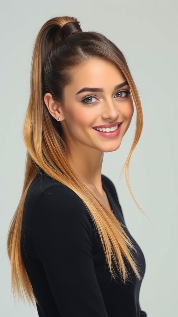 A woman with a slick ponytail showcasing blonde balayage on brown hair, smiling at the camera.