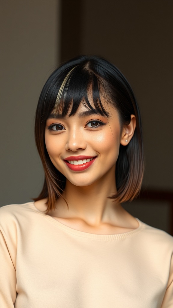 A woman with slicked-back dark hair featuring blonde highlights, smiling confidently.