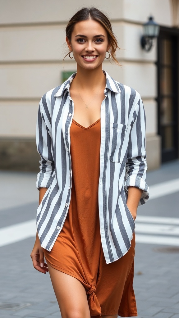 A woman smiling while wearing a rust slip dress and a striped oversized shirt, walking on a city street.