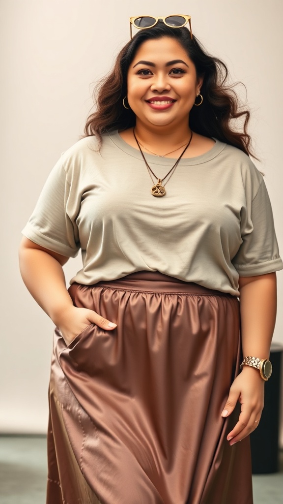 A woman wearing a boxy tee tucked into a slip skirt, smiling confidently.