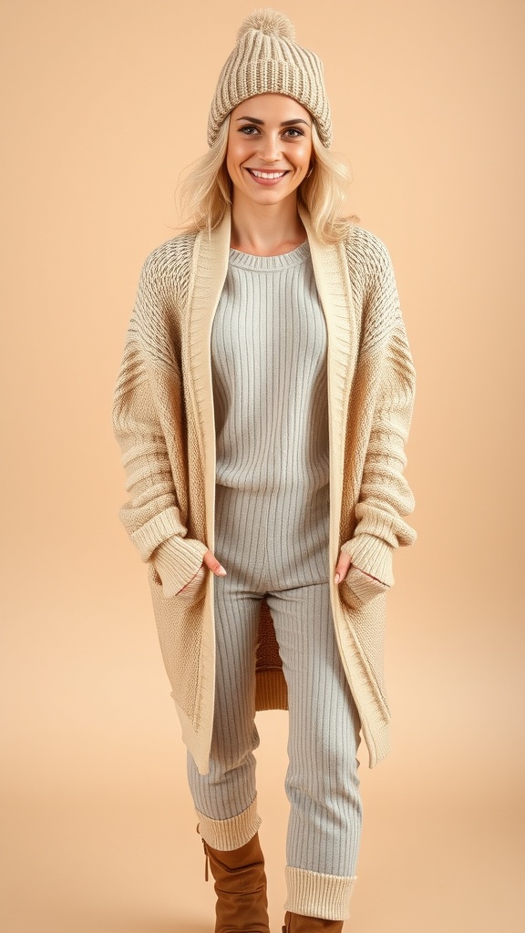 A woman wearing a slouchy knit cardigan over a lounge set, paired with a beanie, smiling against a neutral background.