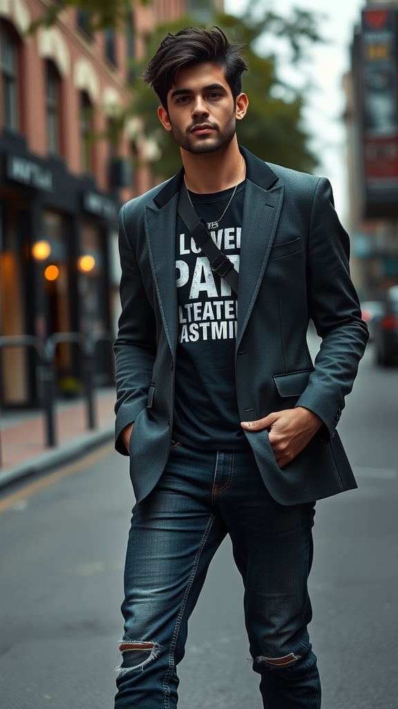 A stylish young man wearing a smart blazer over a graphic tee and jeans, standing confidently on a city street.