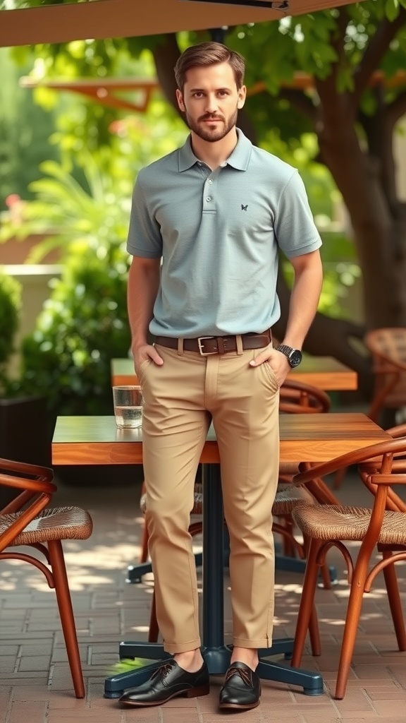 A man in a light blue polo shirt and beige chinos, standing confidently in a casual outdoor setting.
