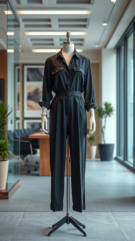 A black smart casual jumpsuit displayed on a mannequin in a modern office setting.