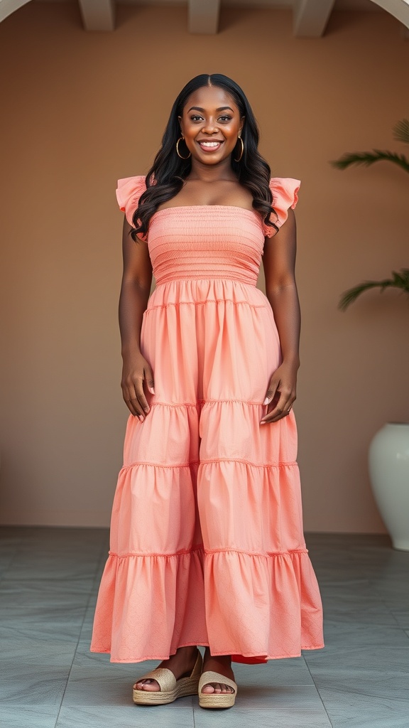 A woman wearing a coral smocked maxi dress with ruffled sleeves, smiling in a stylish setting.