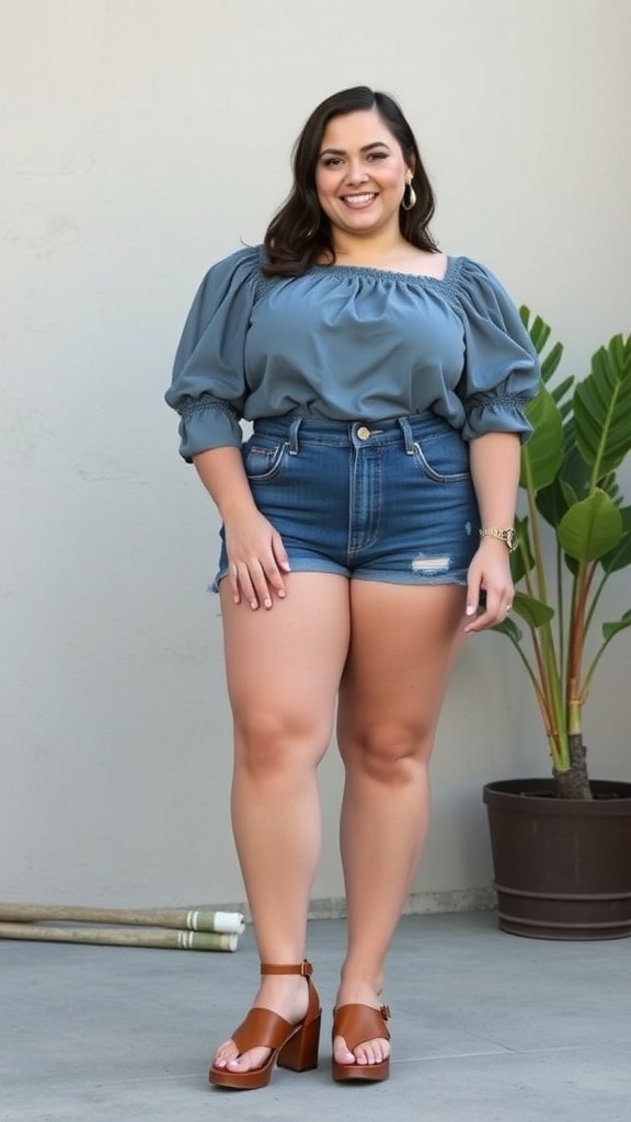 A woman wearing a smocked top and distressed denim shorts, standing confidently with a plant in the background.