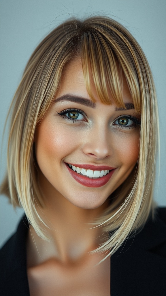 A woman with a smooth layered haircut featuring blunt edges, smiling at the camera.