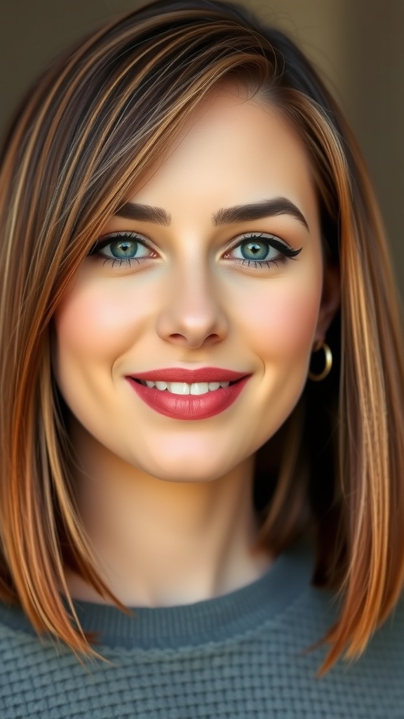 A woman with smooth lob hairstyle featuring medium brown hair and toffee highlights, smiling warmly.