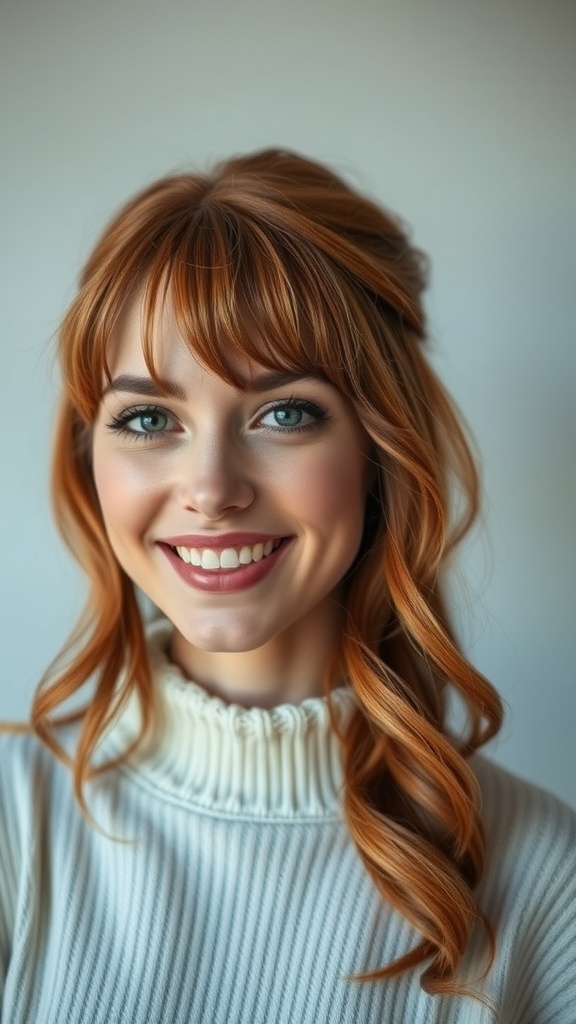 A woman with soft auburn curtain bangs and warm, wavy hair, smiling in a cozy sweater.